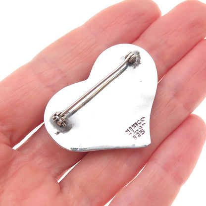 925 Sterling Silver Vintage Mexico Modernist Ribbed Heart Oxidized Pin Brooch
