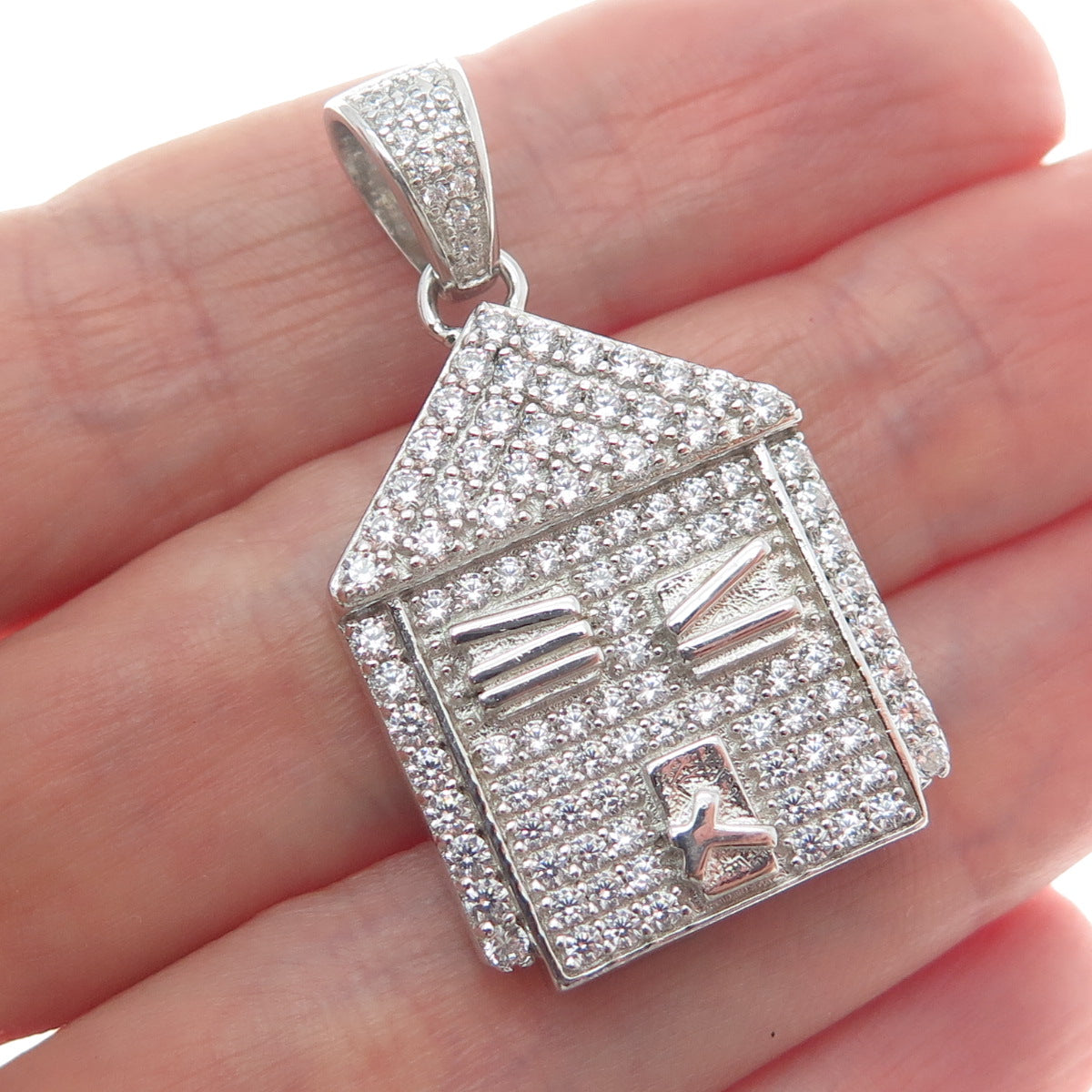 925 Sterling Silver Round-Cut Shaped C Z Abandoned Ghost House Pendant
