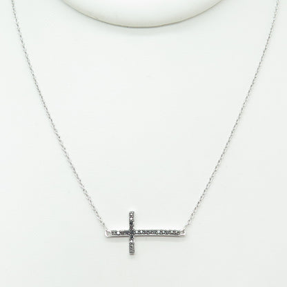 SUN 925 Sterling Silver Real Round-Cut Black Diamond Cross Chain Necklace 16"