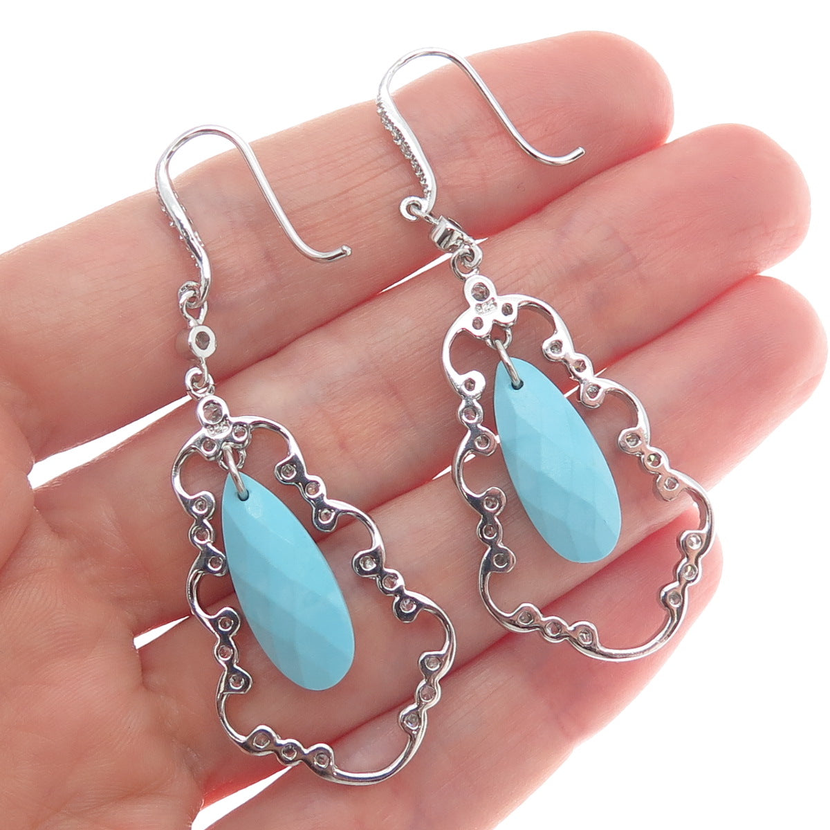 925 Sterling Silver Faux Turquoise & C Z Dangle Earrings