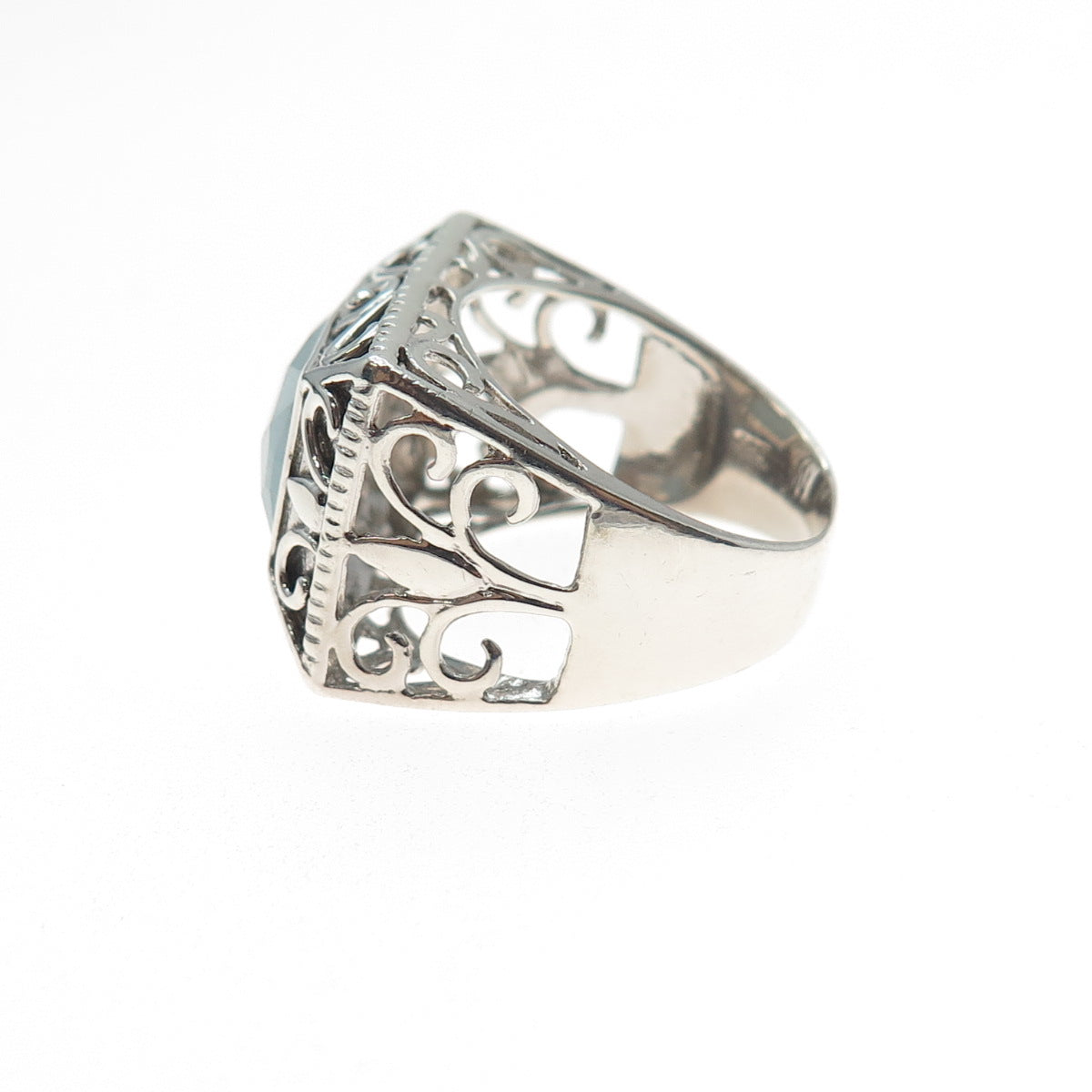 925 Sterling Silver Vintage Real Aquamarine Swirl Oxidized Ring Size 7