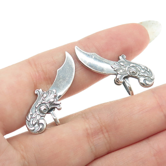 925 Sterling Silver Antique Art Deco Dagger / Knife Screw Back Earrings