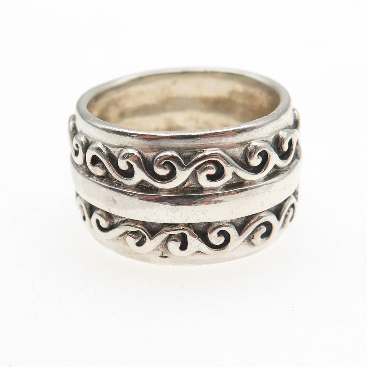 KEN CRAFTS 925 Sterling Silver Vintage Swirl Oxidized Wide Band Ring Size 6.75