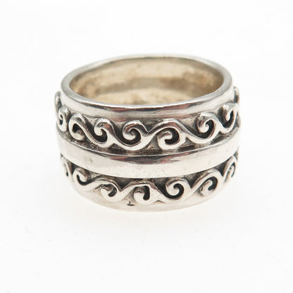 KEN CRAFTS 925 Sterling Silver Vintage Swirl Oxidized Wide Band Ring Size 6.75