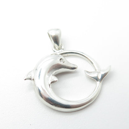 925 Sterling Silver Vintage Rhinestone Friendly Dolphin Pendant