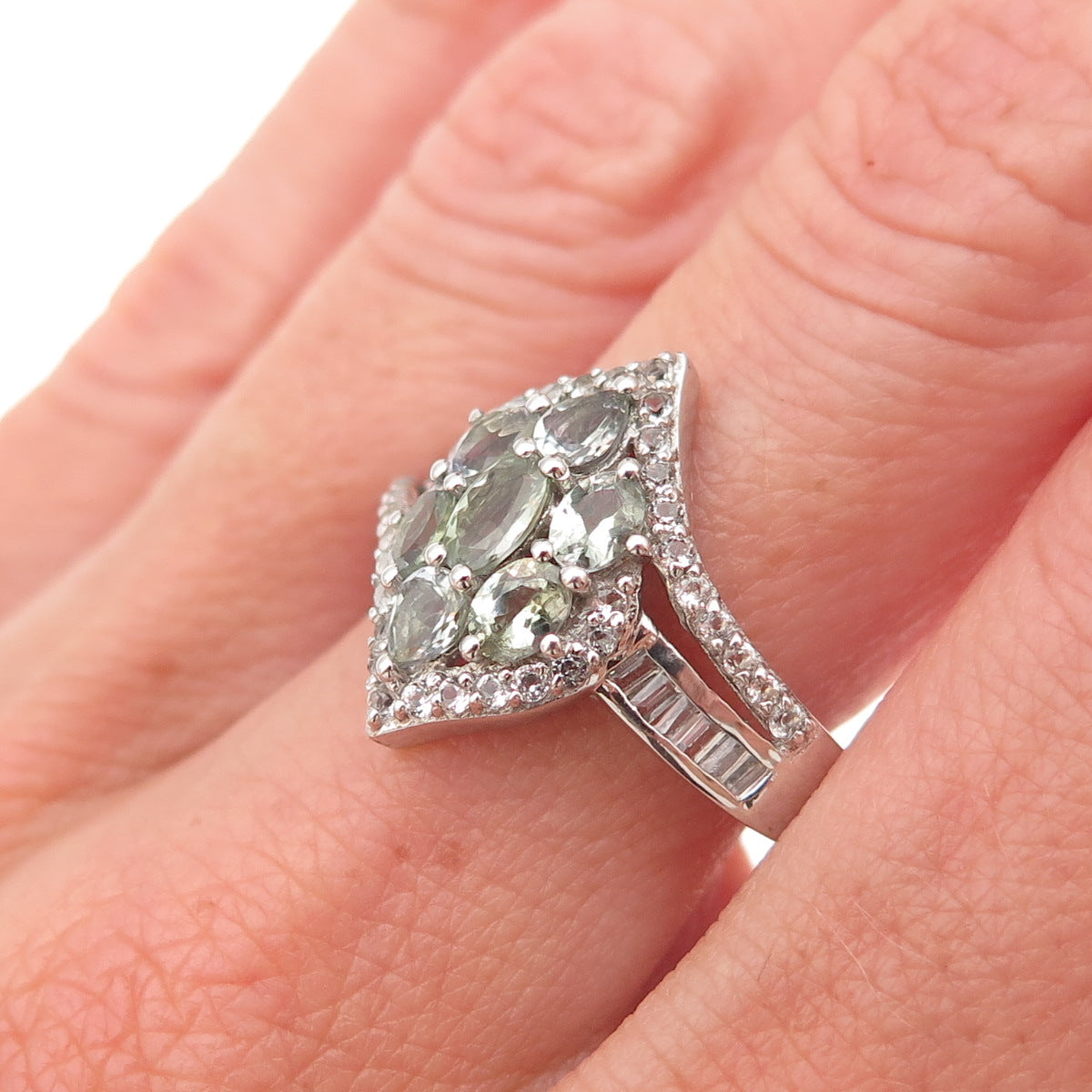 Chuck Clemency 925 Sterling Silver Real Green Amethyst & White Topaz Ring Size 8