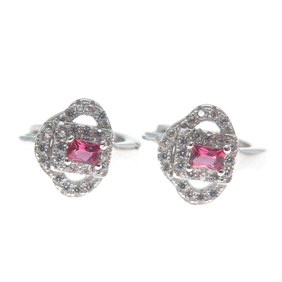 925 Sterling Silver Emerald-Cut Pink & Round-Cut White C Z Cloud Hoop Earrings