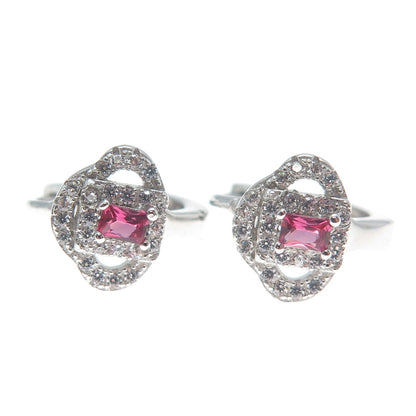 925 Sterling Silver Emerald-Cut Pink & Round-Cut White C Z Cloud Hoop Earrings