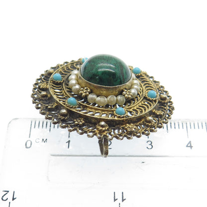 925 Sterling Gold Plated Vintage Israel Faux Pearl & Turquoise Eilat Pin Pendant