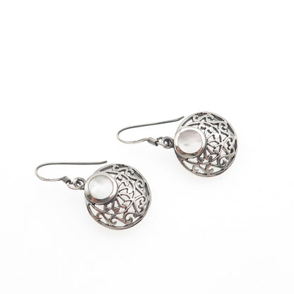 925 Sterling Silver Vintage Real MOP Floral Crescent Disc Dangle Earrings