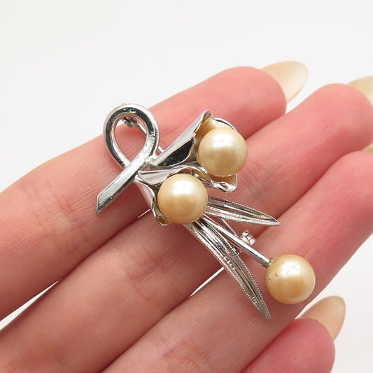 925 Sterling Silver Antique Faux Pearl Floral Pin Brooch