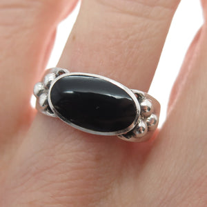925 Sterling Silver Vintage Real Black Onyx Beaded Ring Size 7.75