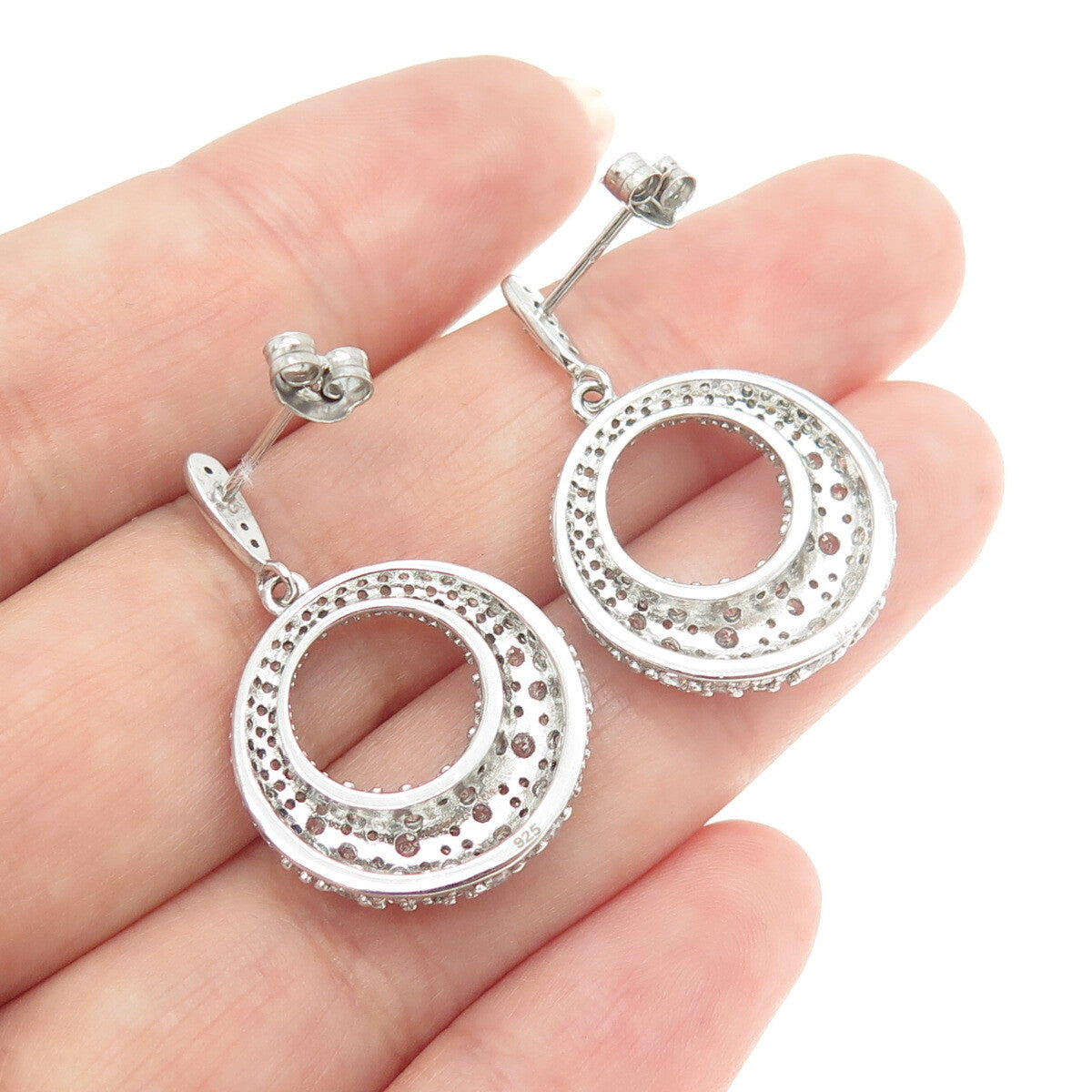 925 Sterling Silver Round-Cut C Z Crescent Dangling Earrings