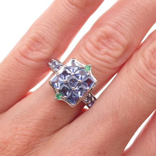 Chuck Clemency 925 Sterling Silver Real Tanzanite & Emerald Ring Size 5.25