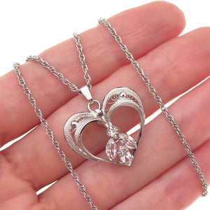 AmLee Sterling Silver Antique Art Deco Rhinestone Heart Filigree Necklace 16"