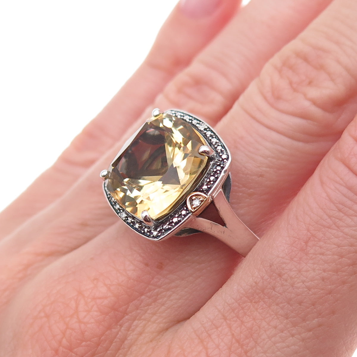 Michelle Albala 925 Sterling 14K Gold Vintage Real Diamond & Citrine Ring Size 8