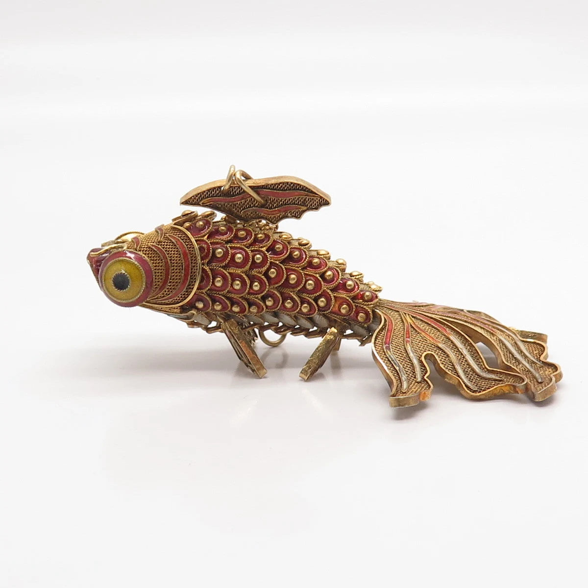 925 Sterling Silver Gold Plated Antique Enamel Chinese Koi Fish Chatelaine Fob