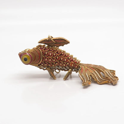 925 Sterling Silver Gold Plated Antique Enamel Chinese Koi Fish Chatelaine Fob