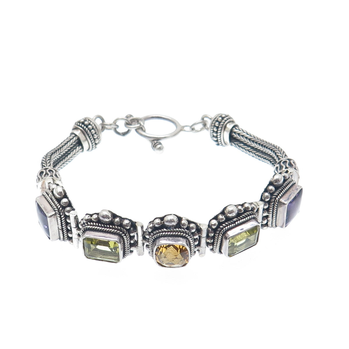 SUARTI BALI 925 Sterling Vintage Amethyst Citrine & Lime Citrine Bracelet 7.25"