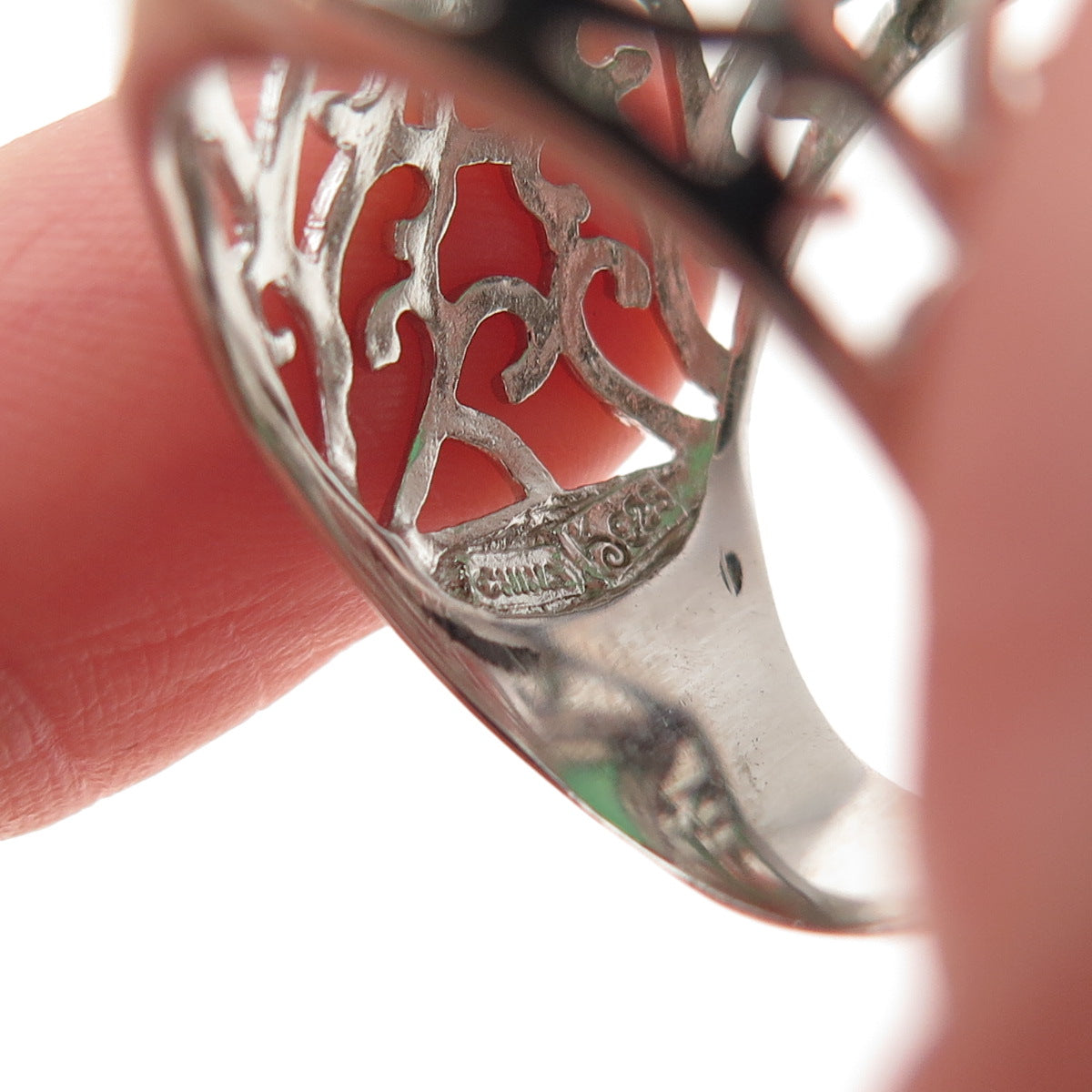 Ken Crafts 925 Sterling Silver Real Green Agate Floral Scroll Ring Size 8.5
