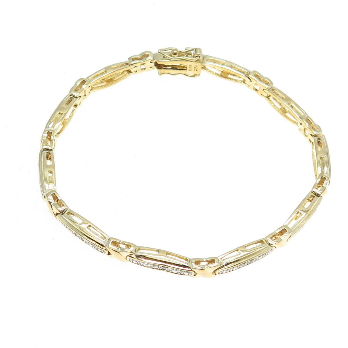 925 Sterling Silver Gold Plated Real Round-Cut Diamond "X" Bar Link Bracelet 7"