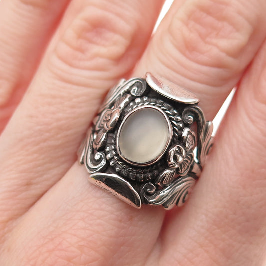 925 Sterling Silver Vintage Real Moonstone Floral Oxidized Ring Size 8.75