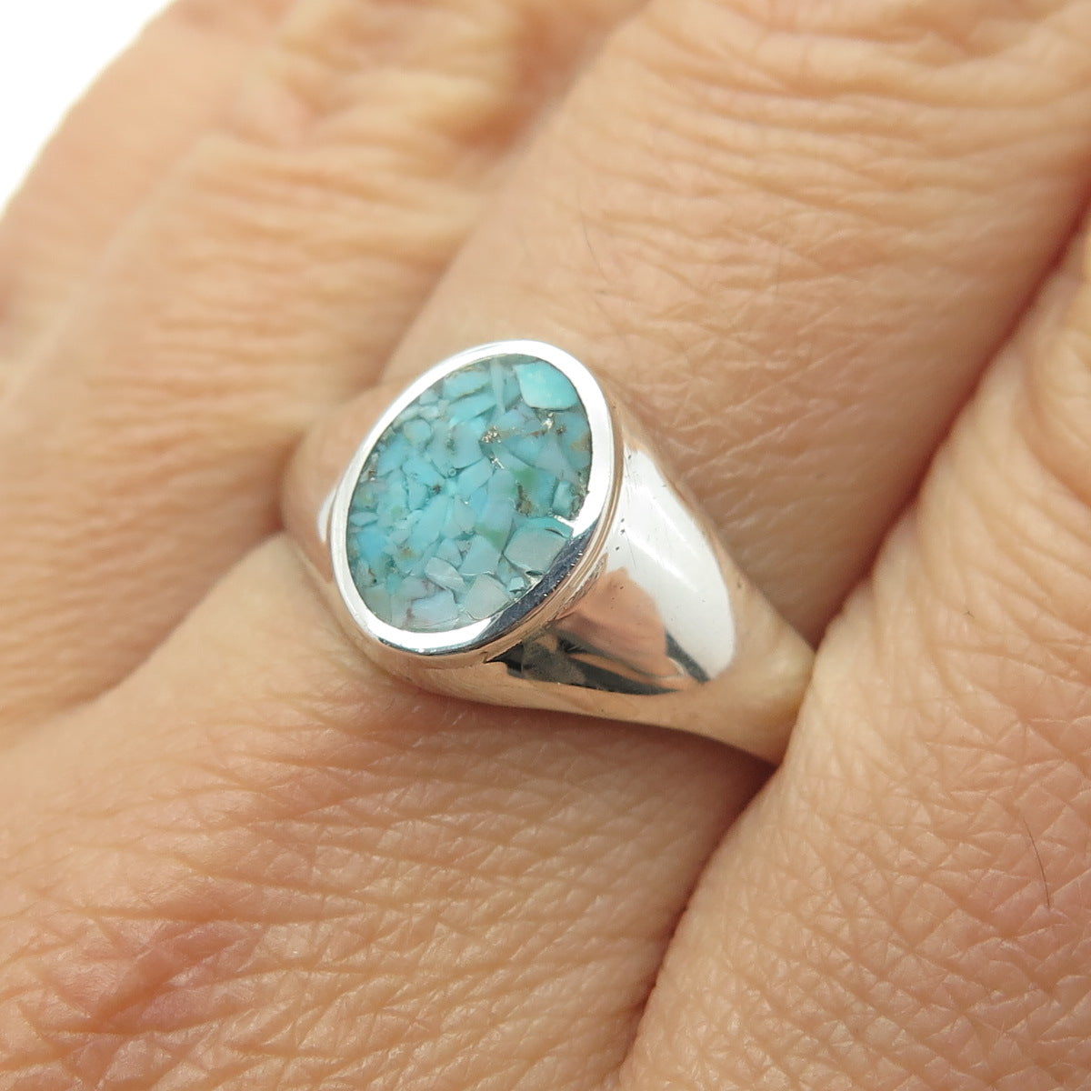 STULLER 925 Sterling Silver Vintage Real Turquoise Inlay Signet Ring Size 10