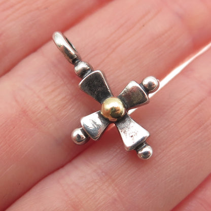 925 Sterling Silver 14K Gold Vintage Modernist Cross Oxidized Charm Pendant