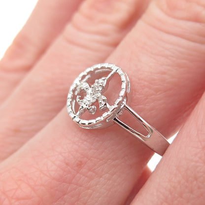 925 Sterling Silver Real Round-Cut Diamond Fleur de Lis Ring Size 8