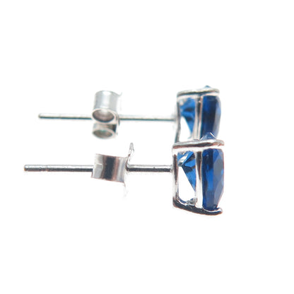 925 Sterling Silver Heart-Cut Dark Blue C Z Stud Earrings