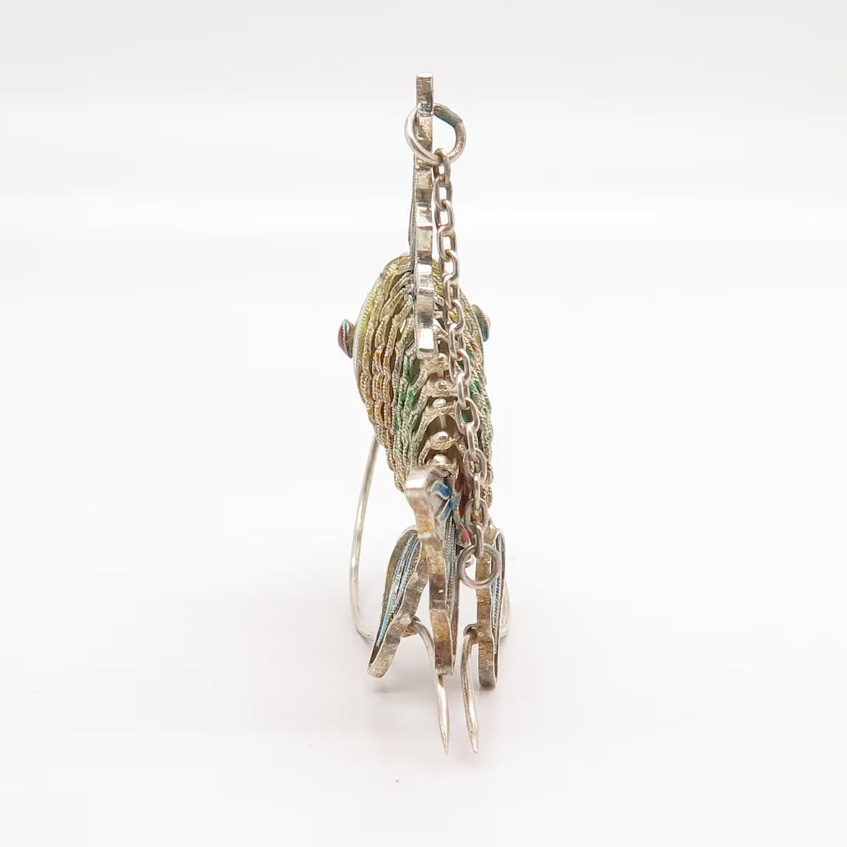 925 Sterling Silver Antique Enamel Articulated Chinese Koi Fish Chatelaine Fob