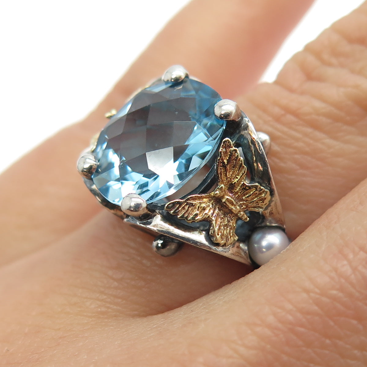 ANN KING 925 Sterling Silver & 18K Gold Real Blue Topaz Butterfly Ring Size 6.25