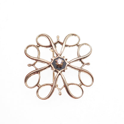 925 Sterling Gold Plated Antique Real Diamond & Black Onyx Floral Pin Brooch
