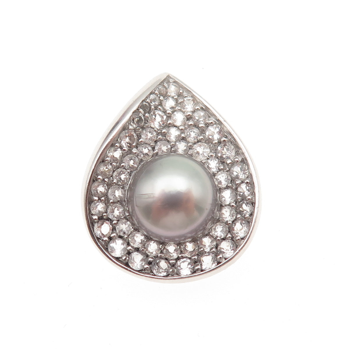 925 Sterling Silver Real Pearl & White Topaz Teardrop Slide Charm Pendant