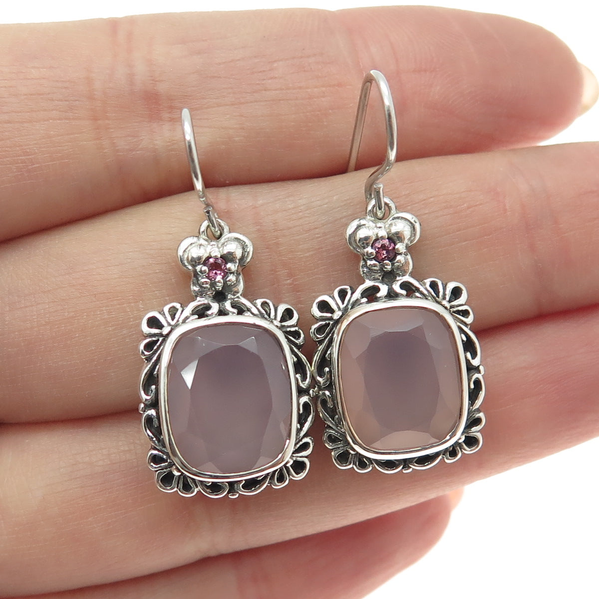 925 Sterling Silver Vintage Rose Chalcedony & Amethyst Gem Ornate Earrings