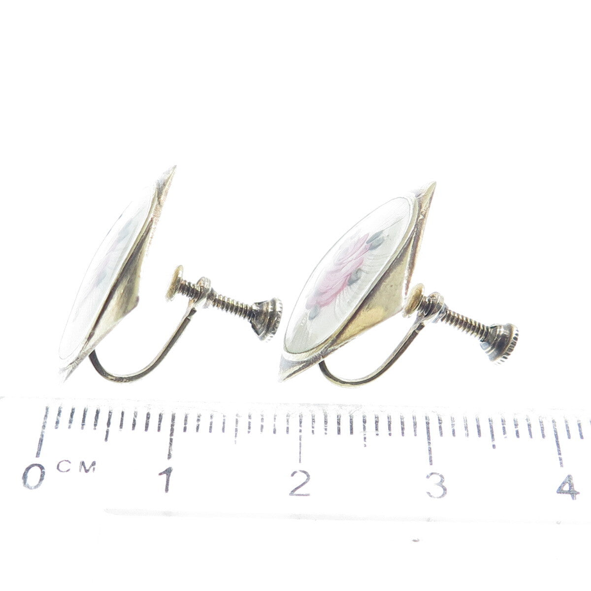 925 Sterling Silver Antique Colorful Enamel Rose Floral Screw Back Earrings