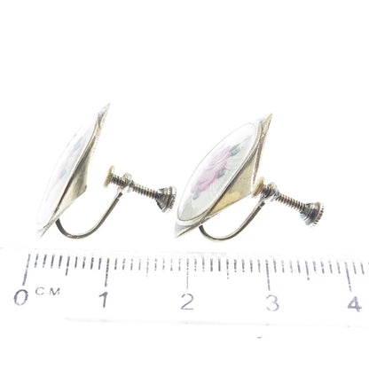 925 Sterling Silver Antique Colorful Enamel Rose Floral Screw Back Earrings