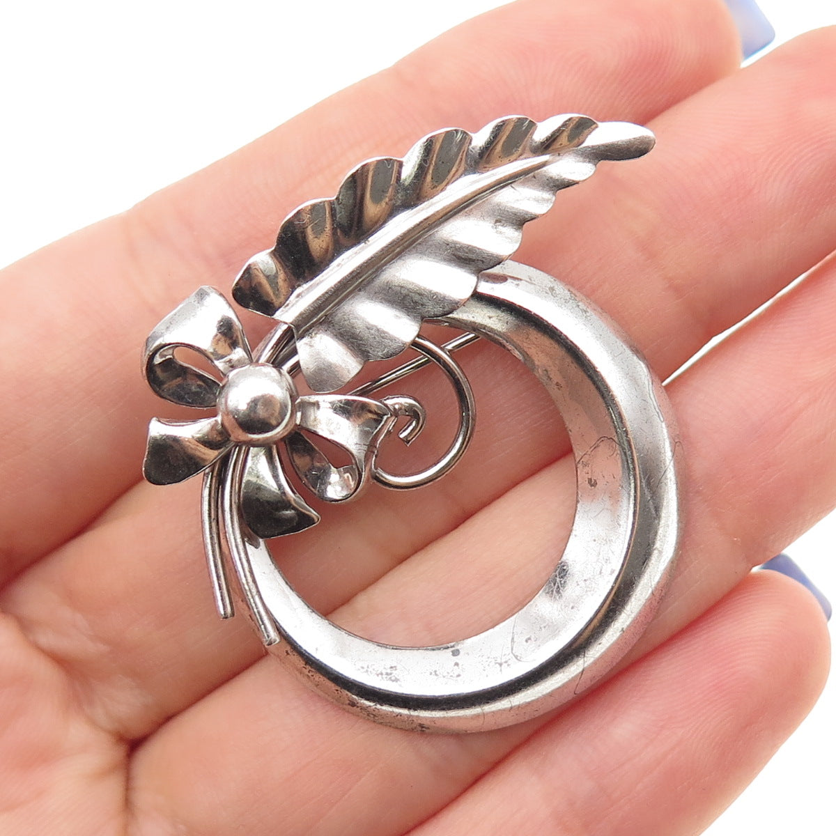 Van Dell 925 Sterling Silver Antique Art Deco Flower Oxidized Pin Brooch