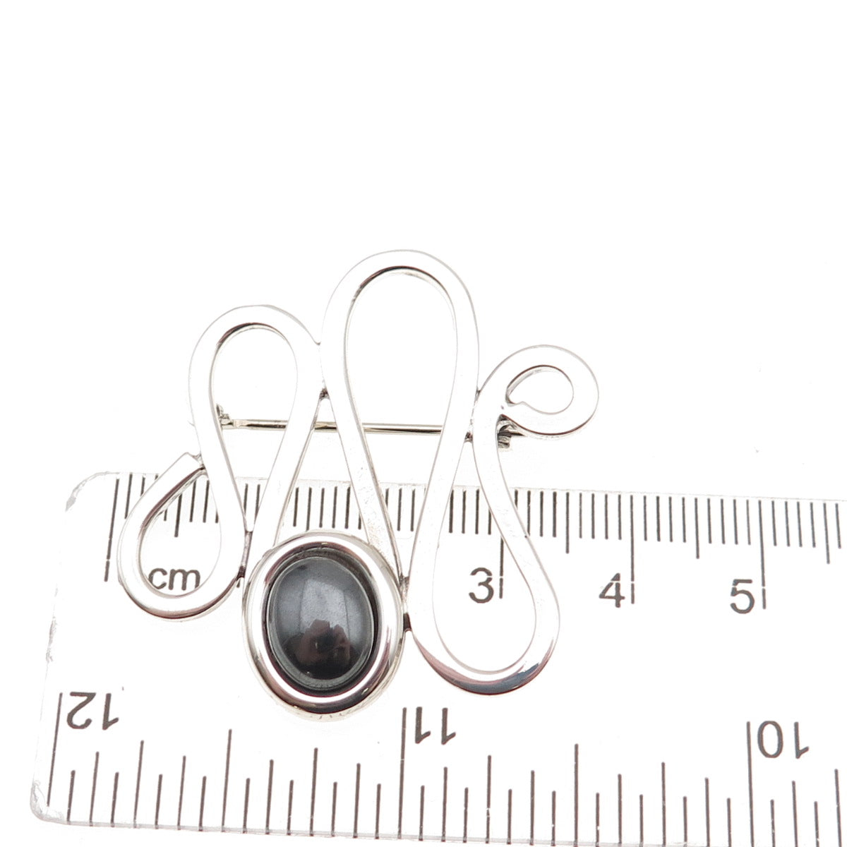 925 Sterling Silver Vintage Real Hematite Modernist Zig Zag Pin Brooch
