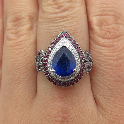 DSMK 925 Sterling Silver Blue & Pink Sapphire White Topaz Gem Pear Ring Size 7