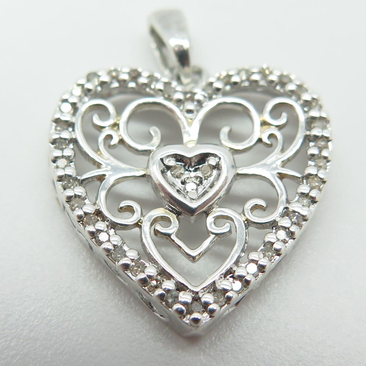 925 Sterling Silver Real Round-Cut White Diamond Ornate Heart Pendant