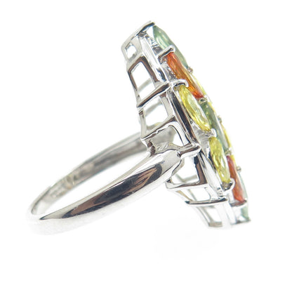 DSMK 925 Sterling Silver Real Oval-Cut Multi-Color Sapphire Cluster Ring Size 7