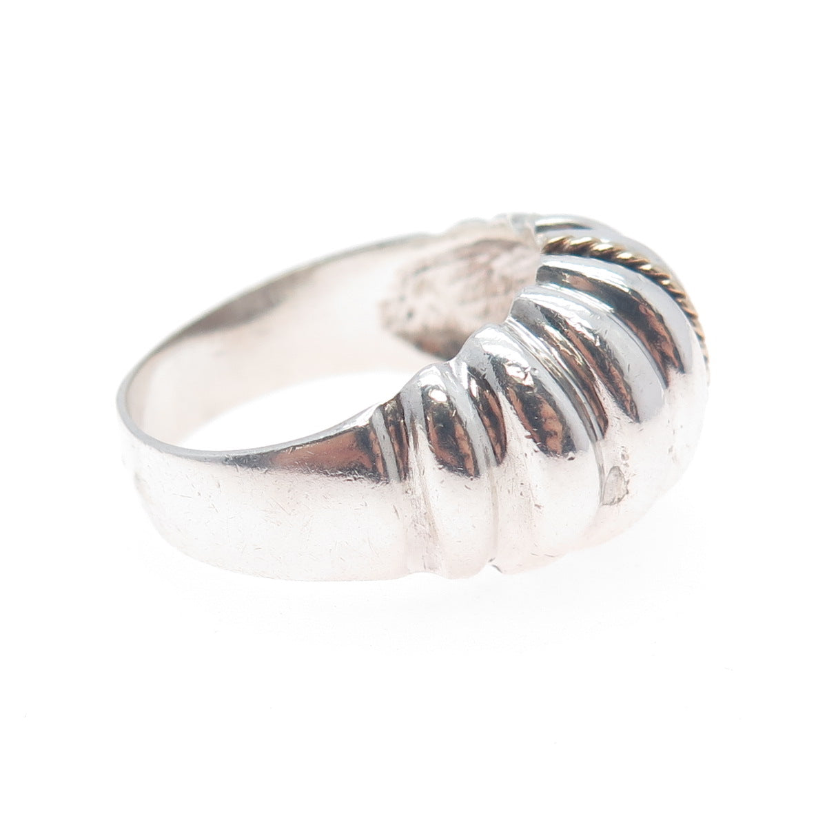 14K Gold 925 Sterling Silver Vintage Modernist Ribbed Oxidized Ring Size 11.75