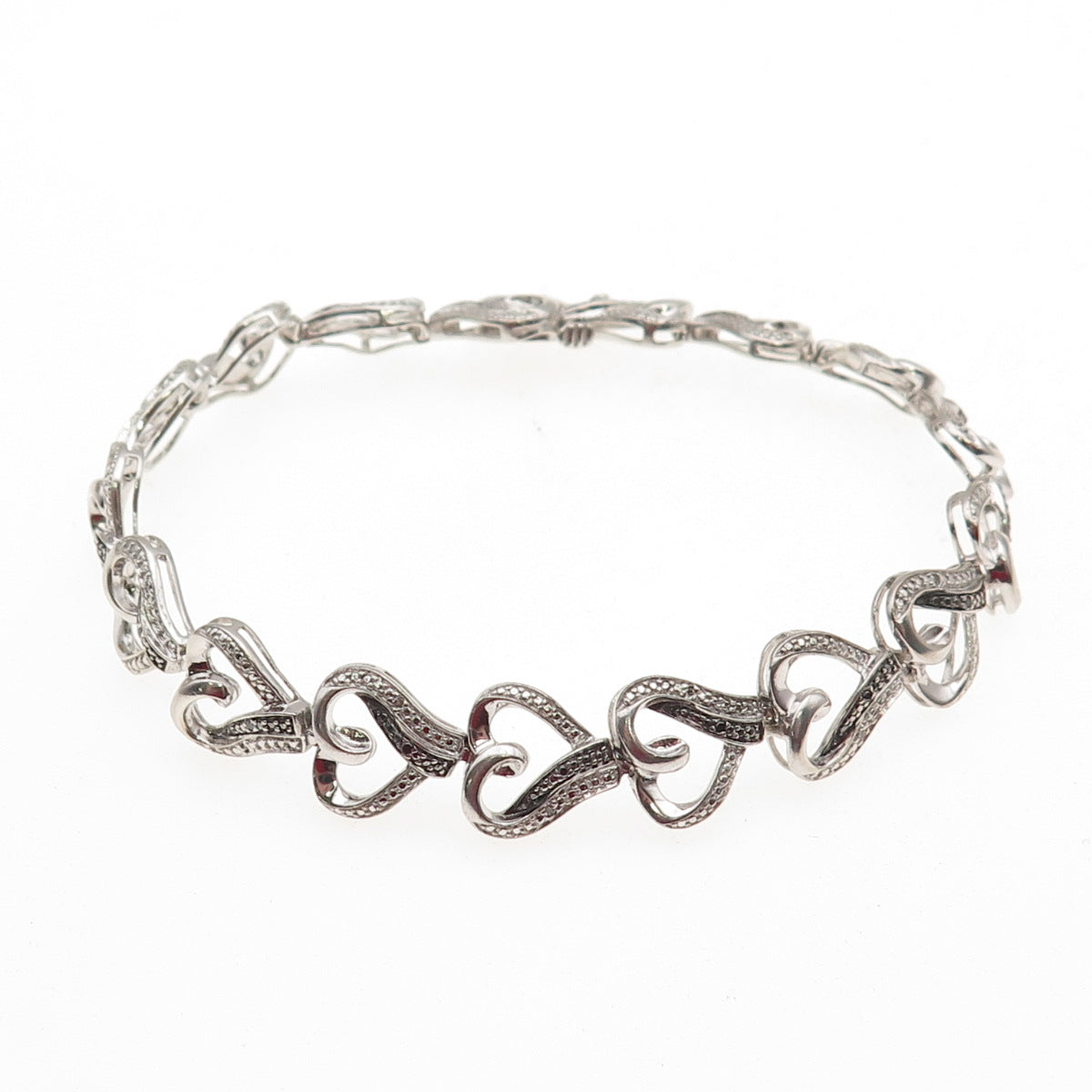 925 Sterling Silver Real Black & White Diamond Heart Link Bracelet 7.25"