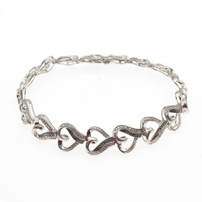 925 Sterling Silver Real Black & White Diamond Heart Link Bracelet 7.25"