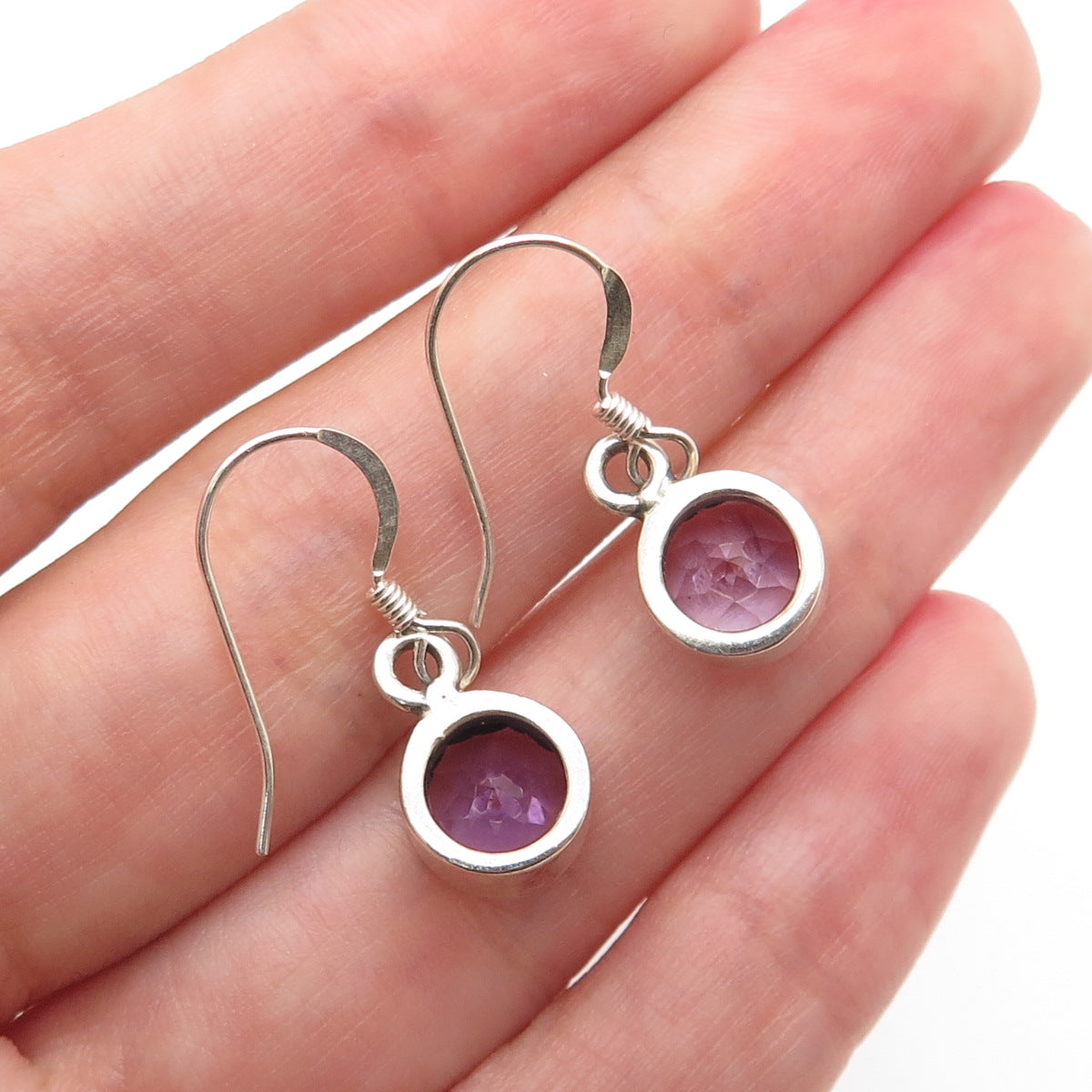 925 Sterling Silver Vintage Real Round-Cut Amethyst Dangle Earrings