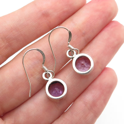 925 Sterling Silver Vintage Real Round-Cut Amethyst Dangle Earrings