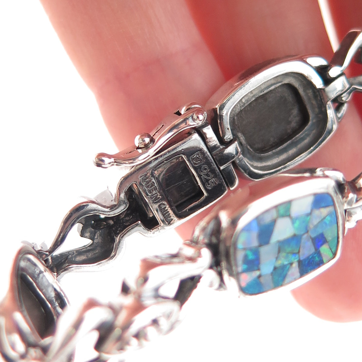 Michelle Albala 925 Sterling Silver Vintage Real Opal Mosaic Bracelet 7.25"