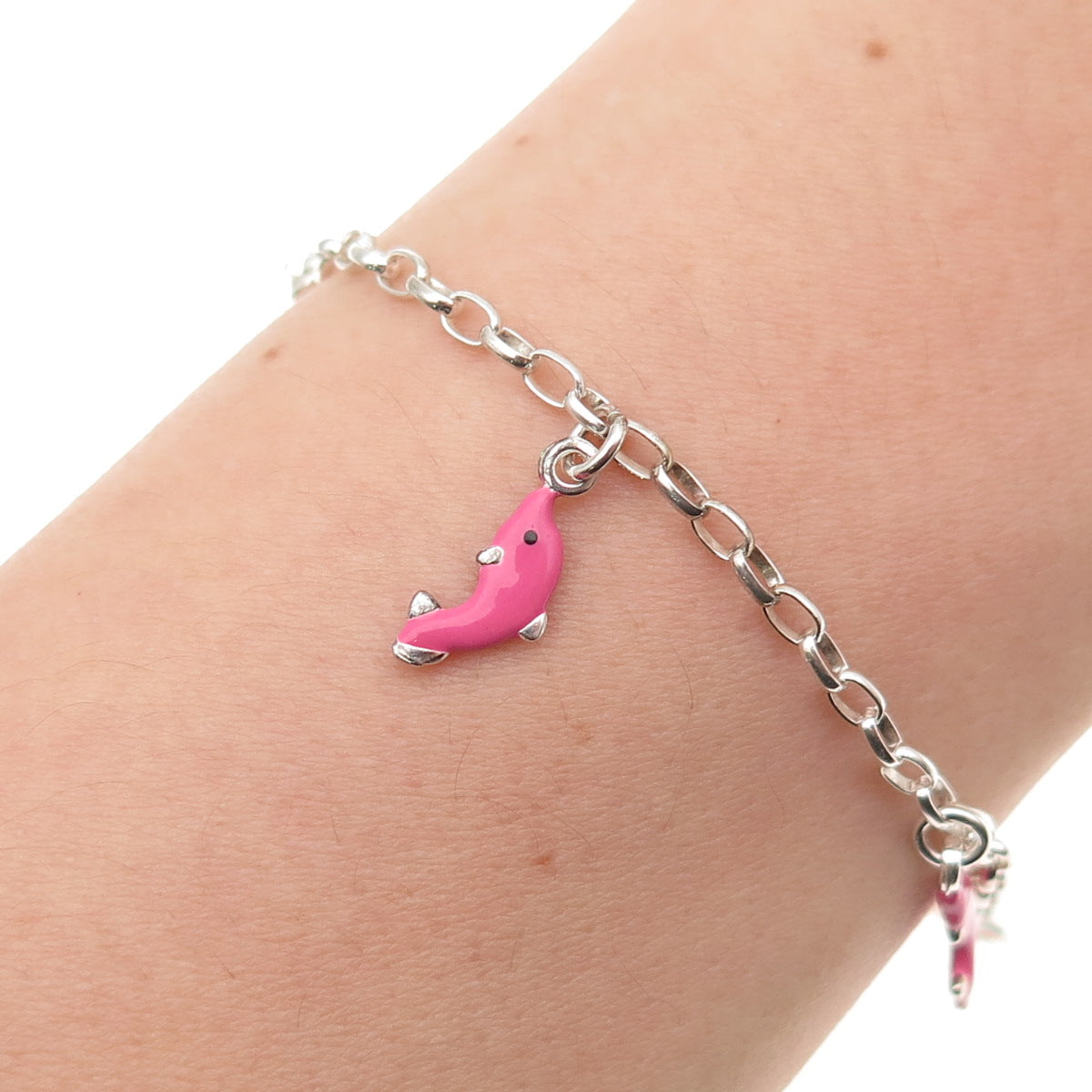 925 Sterling Silver Enamel Dolphin Dangle Charm Cable Link Bracelet 6"