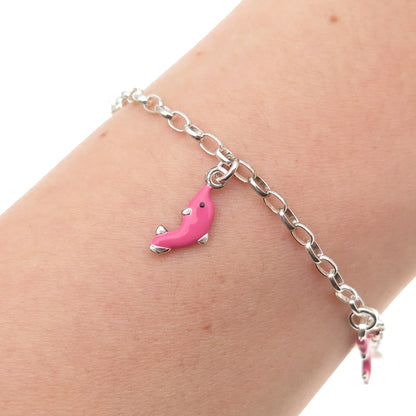 925 Sterling Silver Enamel Dolphin Dangle Charm Cable Link Bracelet 6"
